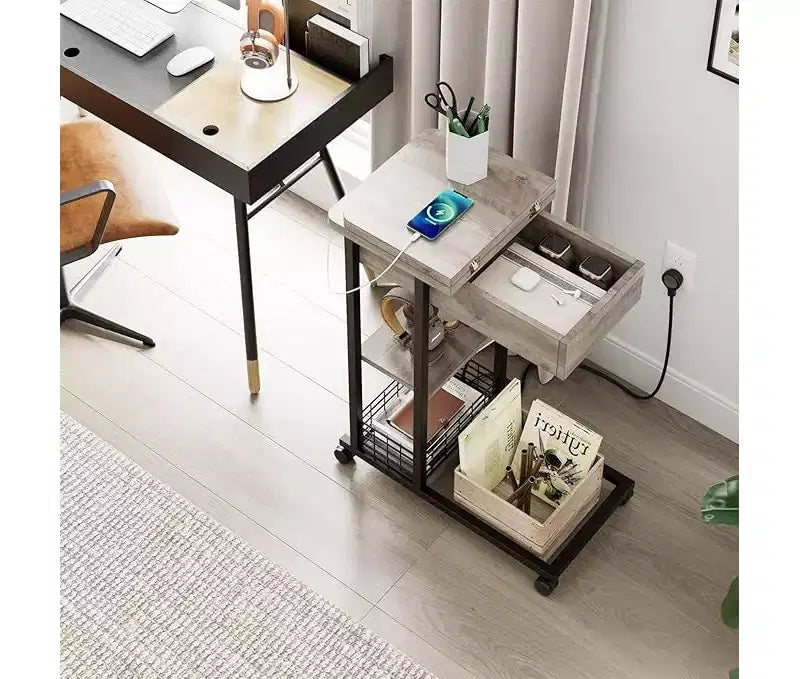 Tavolino a C marrone con stazione di ricarica e porte USB, 3 livelli, ruote bloccabili, per 1 persona