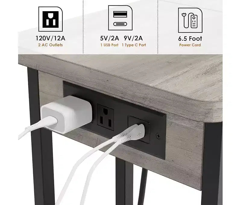 Tavolino a C marrone con stazione di ricarica e porte USB, 3 livelli, ruote bloccabili, per 1 persona