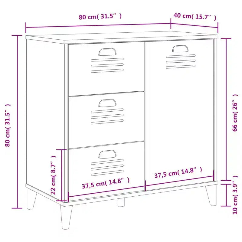Credenza in pino massello con 3 cassetti e 3 ante – Antracite / Nero / Bianco