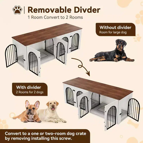 Cassa doppia per cani in legno marrone da 71" con divisorio, a 4 ante, per 2 cani