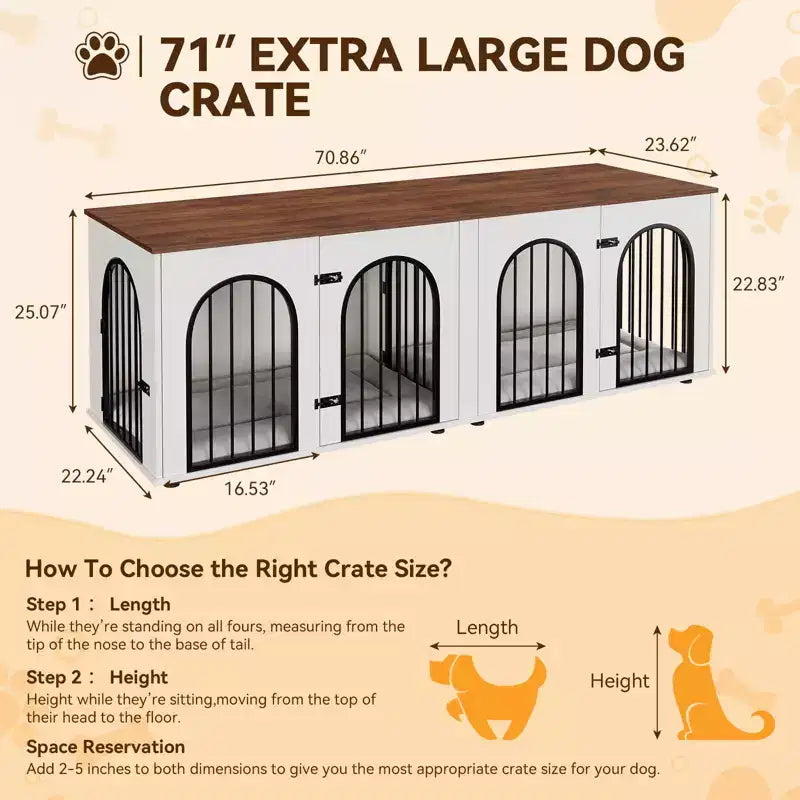 Cassa doppia per cani in legno marrone da 71" con divisorio, a 4 ante, per 2 cani