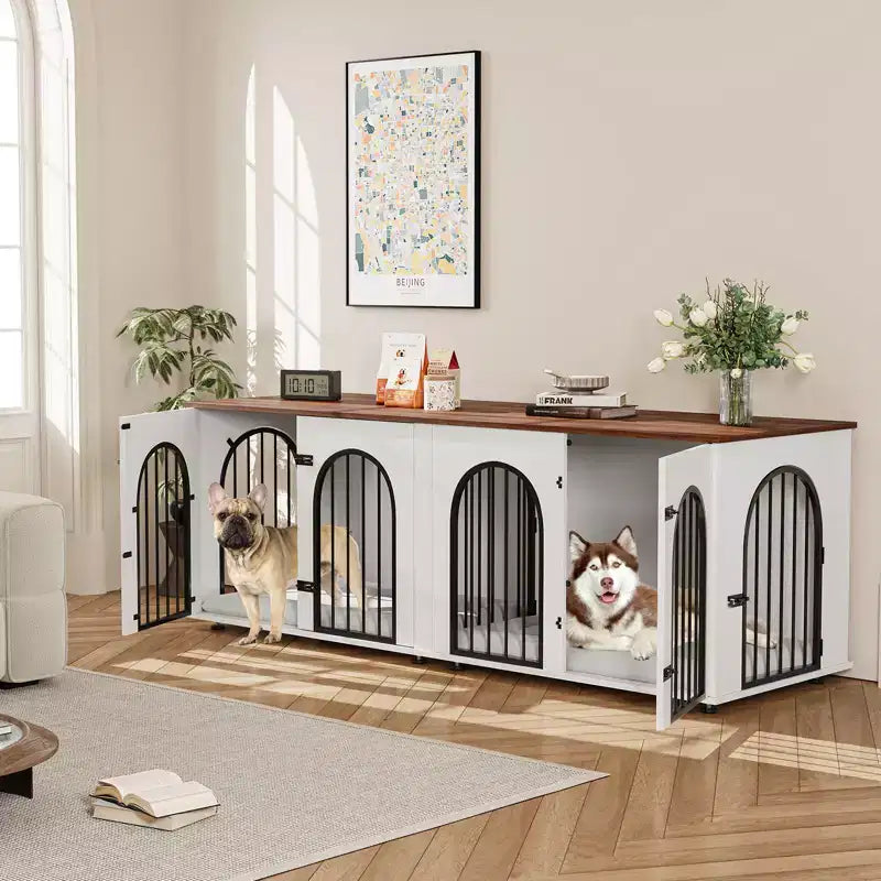 Cassa doppia per cani in legno marrone da 71" con divisorio, a 4 ante, per 2 cani