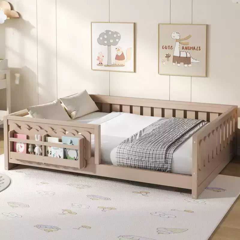 GDFStudio Stewart Wood Platform Bed with Guardrail and Storage Shelves