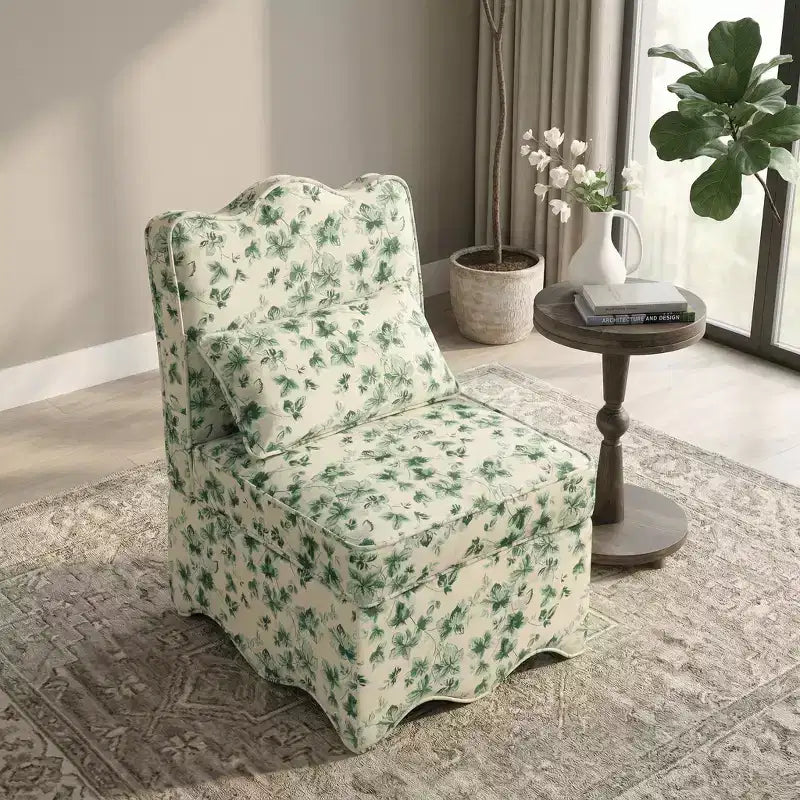 FurnitureR Floral Upholstered Slipper Chair with Cushion, Armless Accent Chair for Living Room Bedroom, Vintage Floral Reading Chair