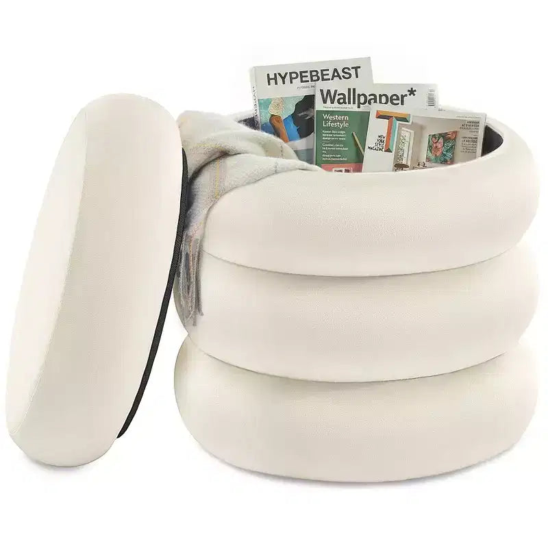 SONGMICS Vanity Stool, Round Ottoman with Storage, Upholstered Foot Stool, Removable Lid, Easy Assembly, Velvet Fabric, Cream White