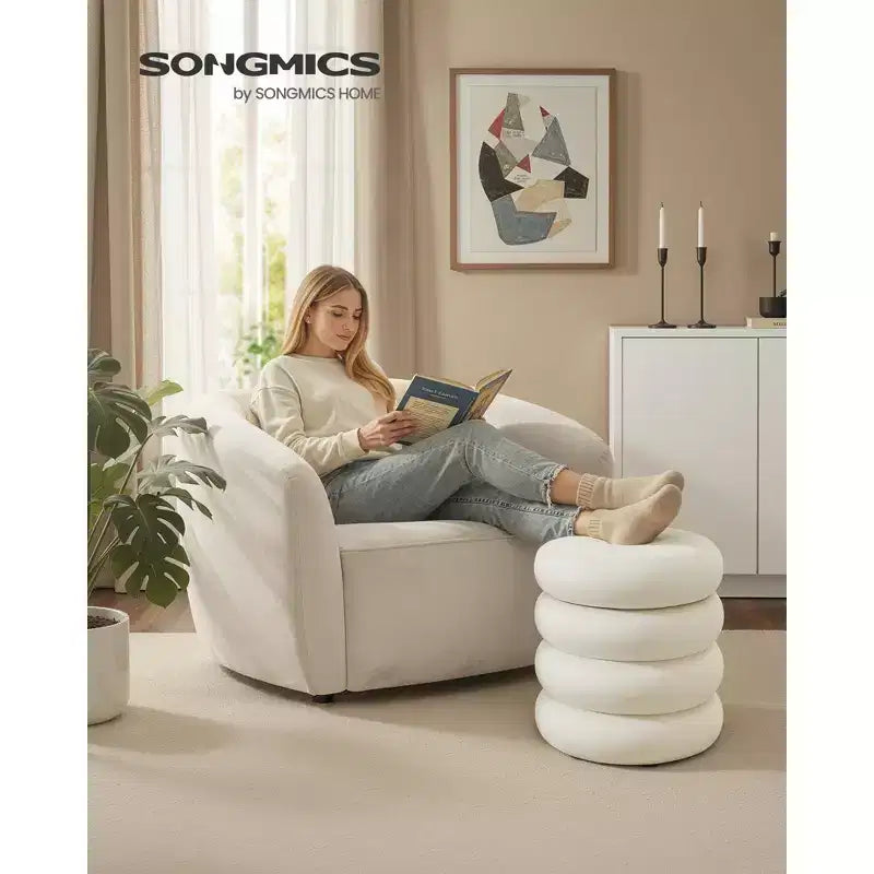 Pouf rotondo contenitore in velluto bianco crema, stile donut, seduta singola