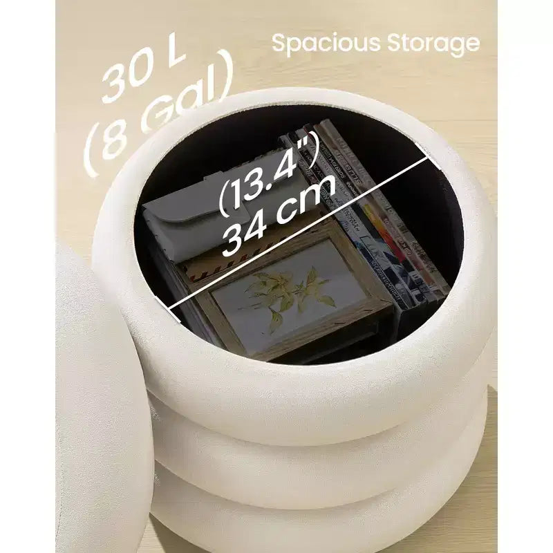 Pouf rotondo contenitore in velluto bianco crema, stile donut, seduta singola