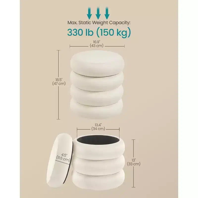 Pouf rotondo contenitore in velluto bianco crema, stile donut, seduta singola