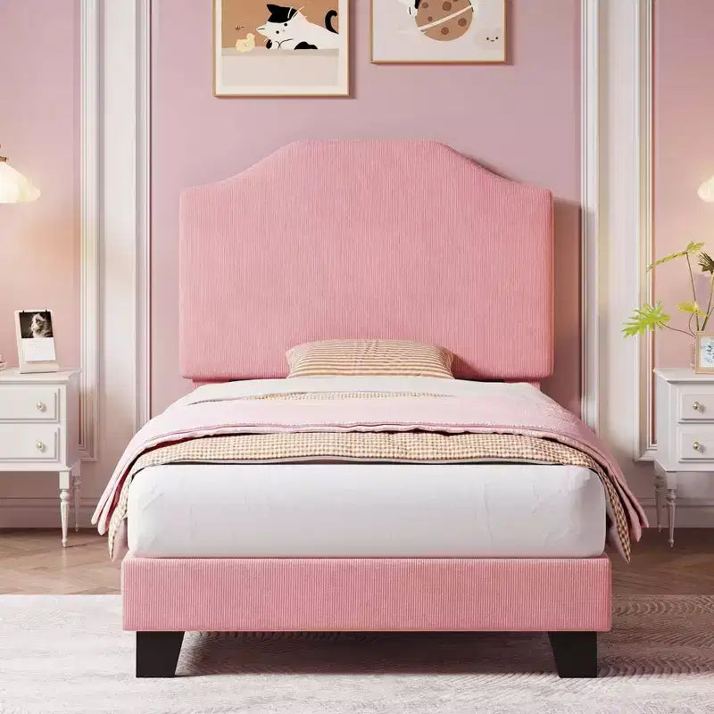 Struttura letto singolo imbottita in velluto a coste beige/rosa con testiera regolabile – 1 persona