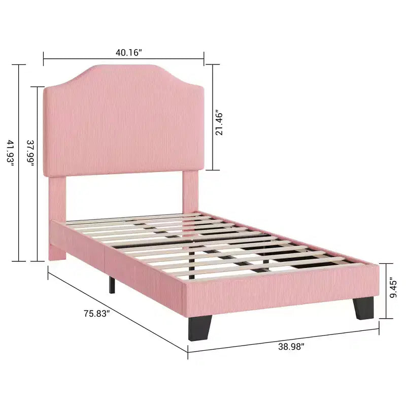 Struttura letto singolo imbottita in velluto a coste beige/rosa con testiera regolabile – 1 persona