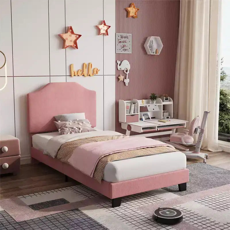 Struttura letto singolo imbottita in velluto a coste beige/rosa con testiera regolabile – 1 persona