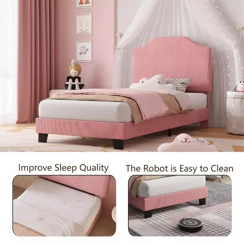 Struttura letto singolo imbottita in velluto a coste beige/rosa con testiera regolabile – 1 persona