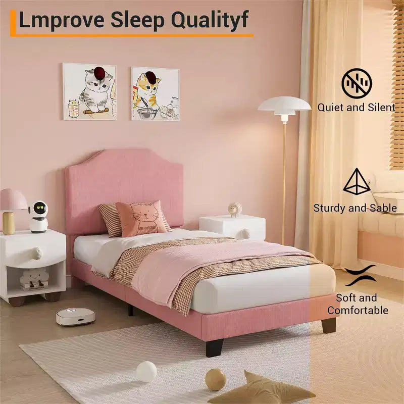 Struttura letto singolo imbottita in velluto a coste beige/rosa con testiera regolabile – 1 persona