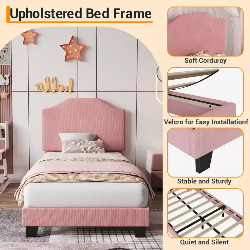 Struttura letto singolo imbottita in velluto a coste beige/rosa con testiera regolabile – 1 persona