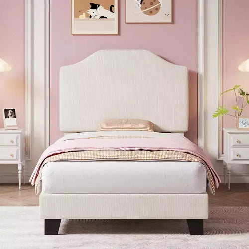 Struttura letto singolo imbottita in velluto a coste beige/rosa con testiera regolabile – 1 persona