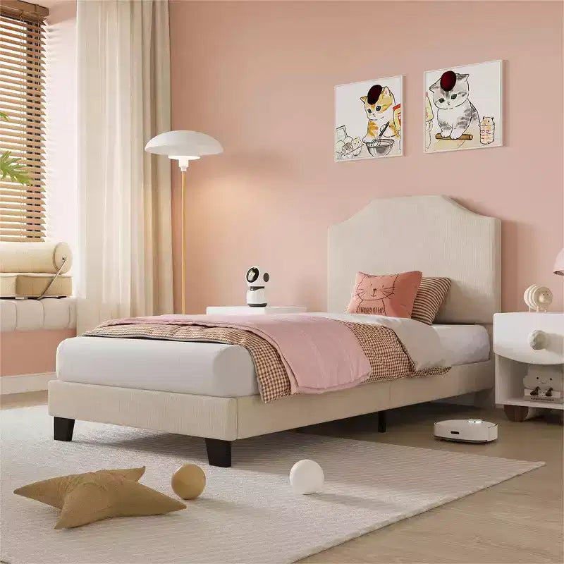 Struttura letto singolo imbottita in velluto a coste beige/rosa con testiera regolabile – 1 persona