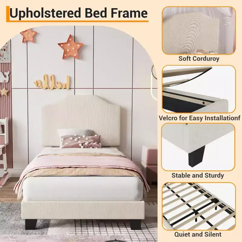 Struttura letto singolo imbottita in velluto a coste beige/rosa con testiera regolabile – 1 persona