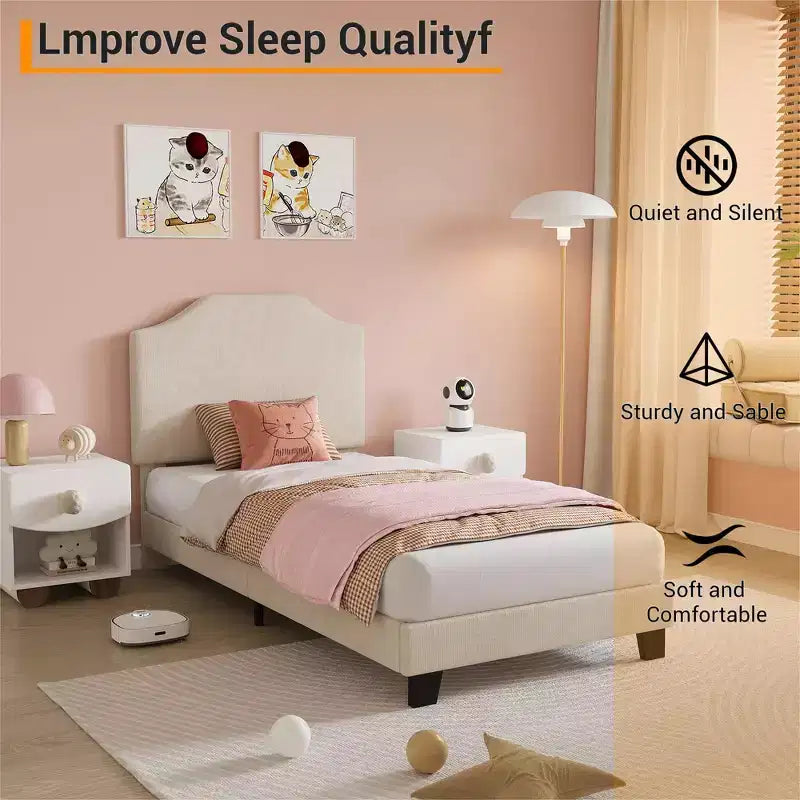 Struttura letto singolo imbottita in velluto a coste beige/rosa con testiera regolabile – 1 persona