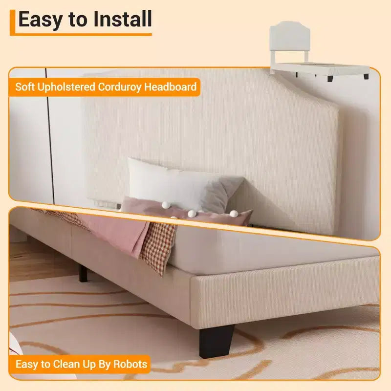Struttura letto singolo imbottita in velluto a coste beige/rosa con testiera regolabile – 1 persona