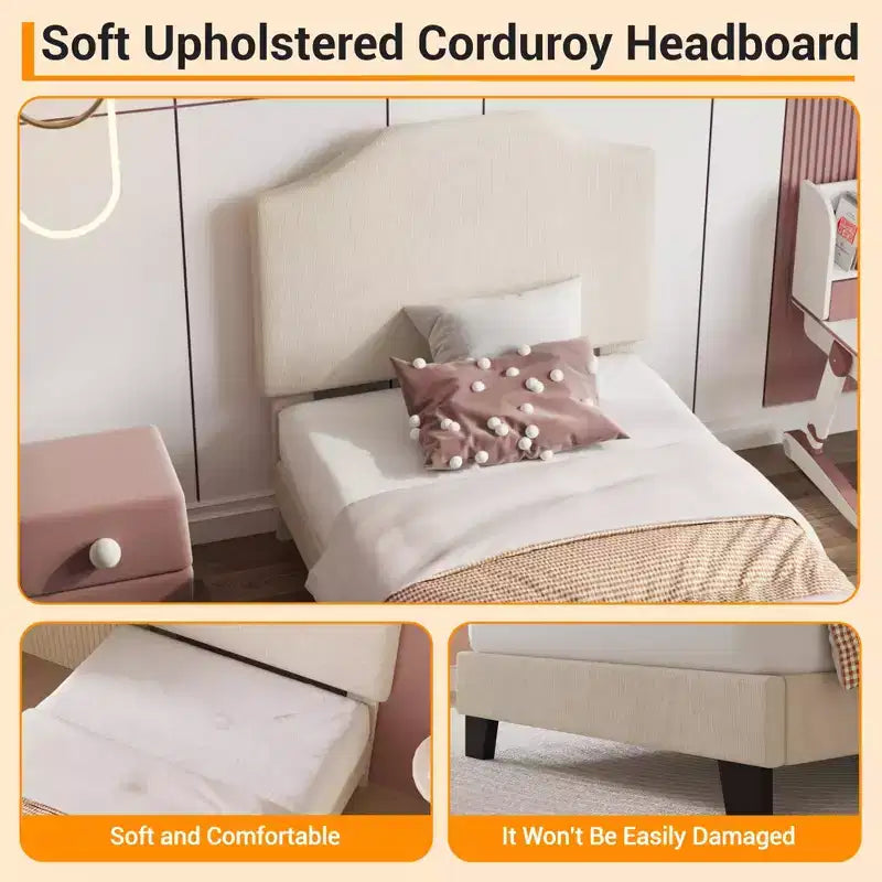 Struttura letto singolo imbottita in velluto a coste beige/rosa con testiera regolabile – 1 persona