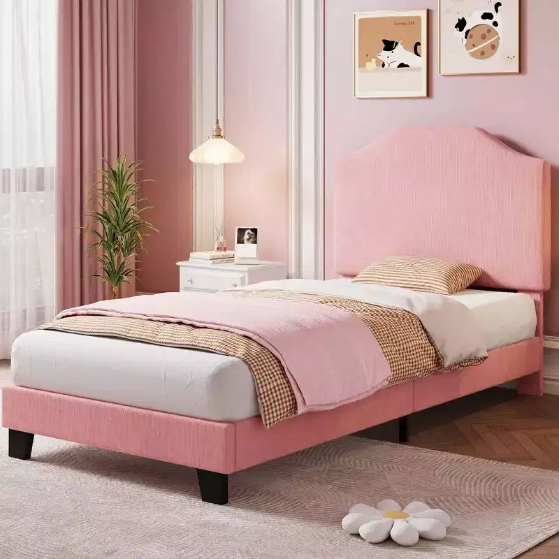 Struttura letto singolo imbottita in velluto a coste beige/rosa con testiera regolabile – 1 persona
