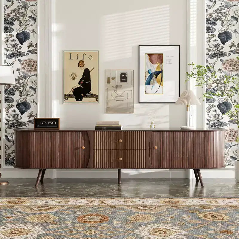GDFStudio Micah 70 Mid Century Modern TV Stand with Tambour Doors & Fluted Drawers