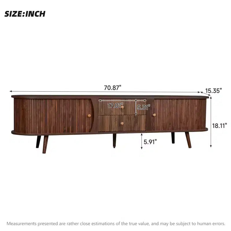 Mobile Porta TV in Legno Naturale Tono Mid-Century Modern 70" con Ante a Tamburo e Cassetti Scanalati