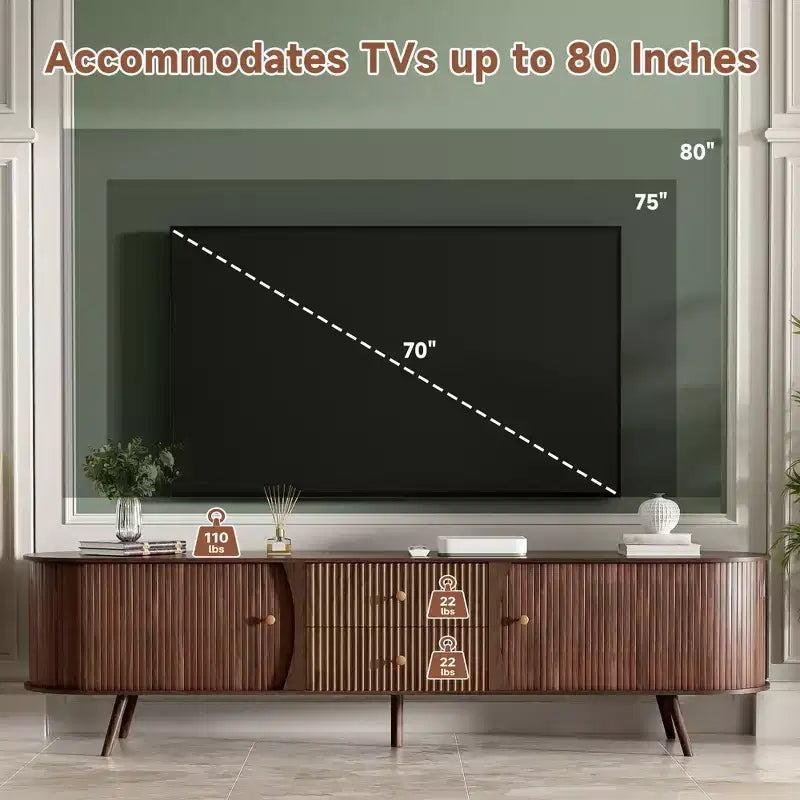 Mobile Porta TV in Legno Naturale Tono Mid-Century Modern 70" con Ante a Tamburo e Cassetti Scanalati