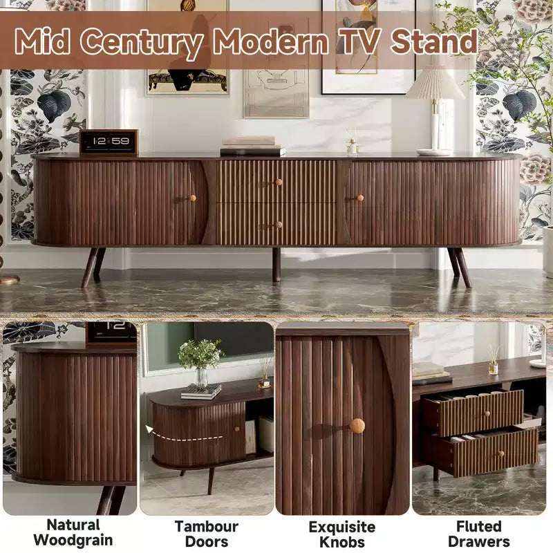 Mobile Porta TV in Legno Naturale Tono Mid-Century Modern 70" con Ante a Tamburo e Cassetti Scanalati