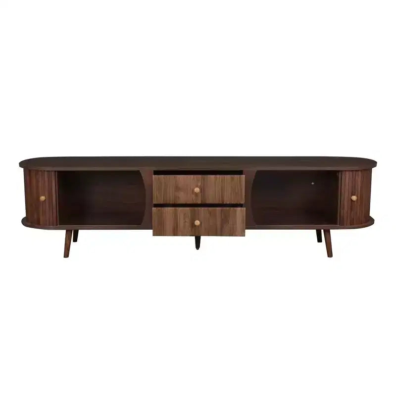 Mobile Porta TV in Legno Naturale Tono Mid-Century Modern 70" con Ante a Tamburo e Cassetti Scanalati