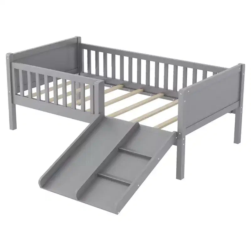 Letto a soppalco basso per ragazzi con scivolo e libreria – Grigio/Bianco, per 1 bambino