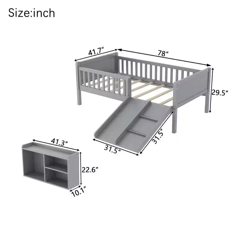 Letto a soppalco basso per ragazzi con scivolo e libreria – Grigio/Bianco, per 1 bambino