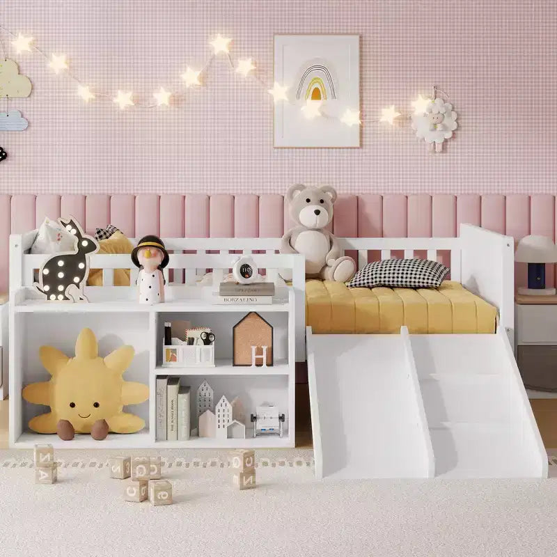 Letto a soppalco basso per ragazzi con scivolo e libreria – Grigio/Bianco, per 1 bambino