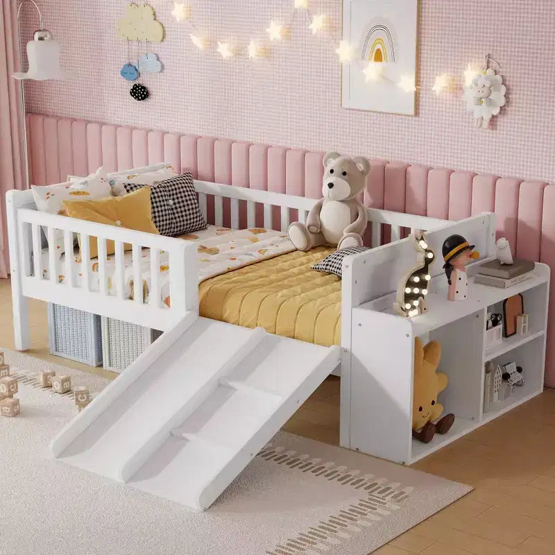Letto a soppalco basso per ragazzi con scivolo e libreria – Grigio/Bianco, per 1 bambino