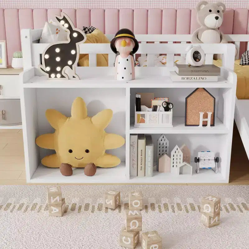 Letto a soppalco basso per ragazzi con scivolo e libreria – Grigio/Bianco, per 1 bambino