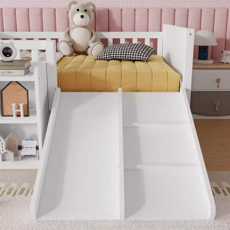 Letto a soppalco basso per ragazzi con scivolo e libreria – Grigio/Bianco, per 1 bambino