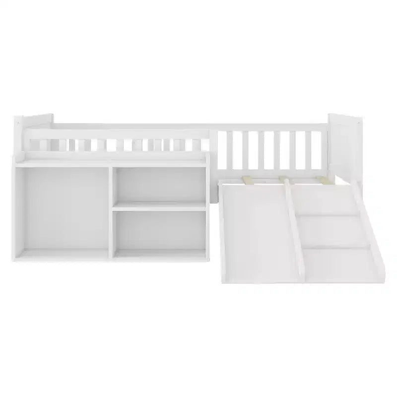 Letto a soppalco basso per ragazzi con scivolo e libreria – Grigio/Bianco, per 1 bambino