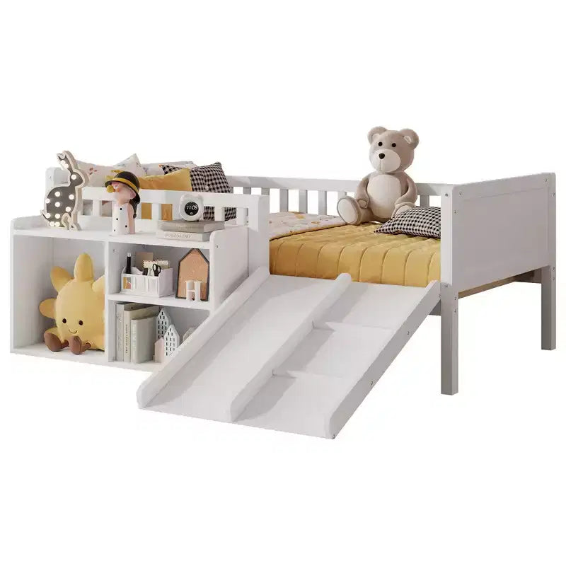 Letto a soppalco basso per ragazzi con scivolo e libreria – Grigio/Bianco, per 1 bambino