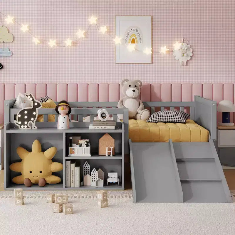 Letto a soppalco basso per ragazzi con scivolo e libreria – Grigio/Bianco, per 1 bambino