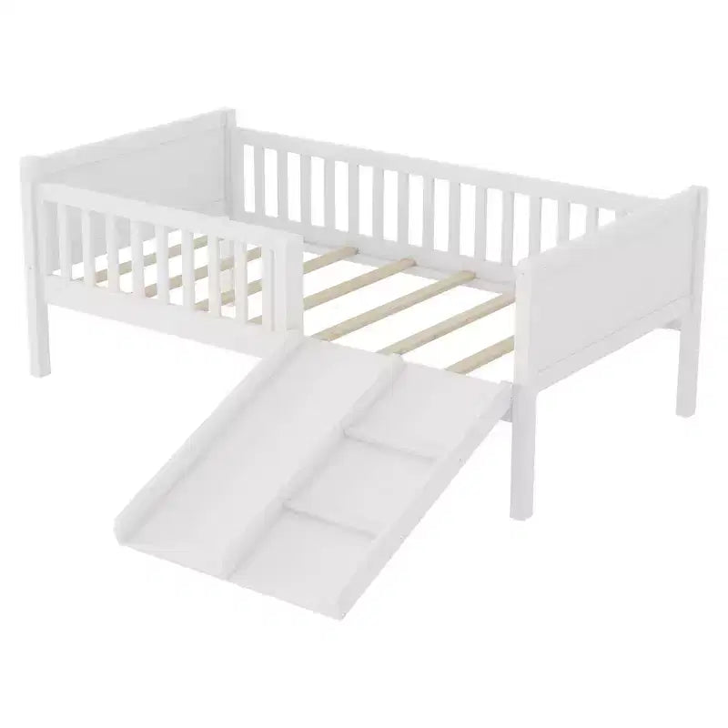 Letto a soppalco basso per ragazzi con scivolo e libreria – Grigio/Bianco, per 1 bambino