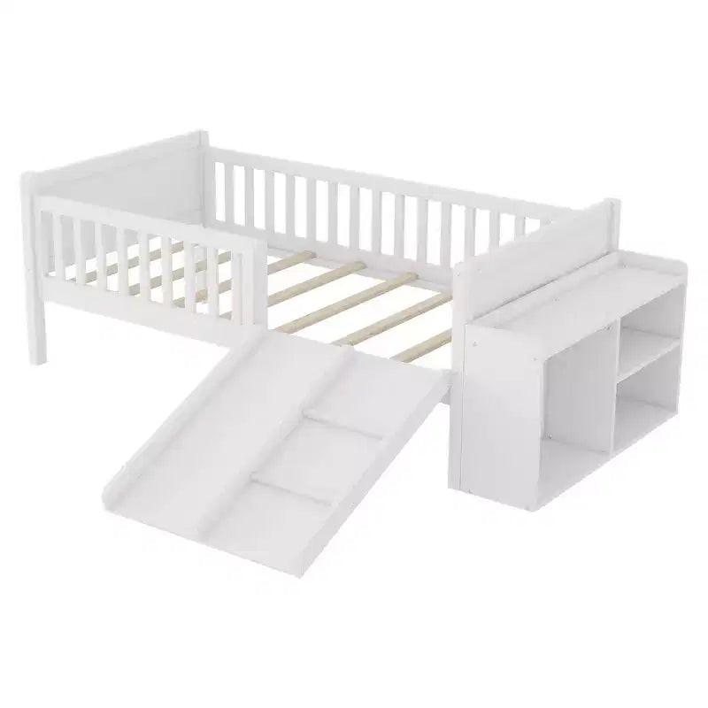 Letto a soppalco basso per ragazzi con scivolo e libreria – Grigio/Bianco, per 1 bambino