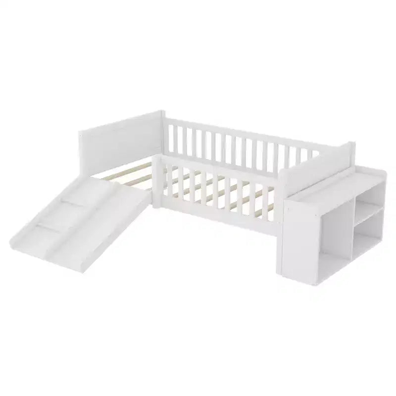 Letto a soppalco basso per ragazzi con scivolo e libreria – Grigio/Bianco, per 1 bambino