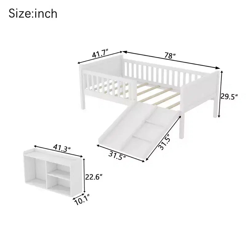 Letto a soppalco basso per ragazzi con scivolo e libreria – Grigio/Bianco, per 1 bambino