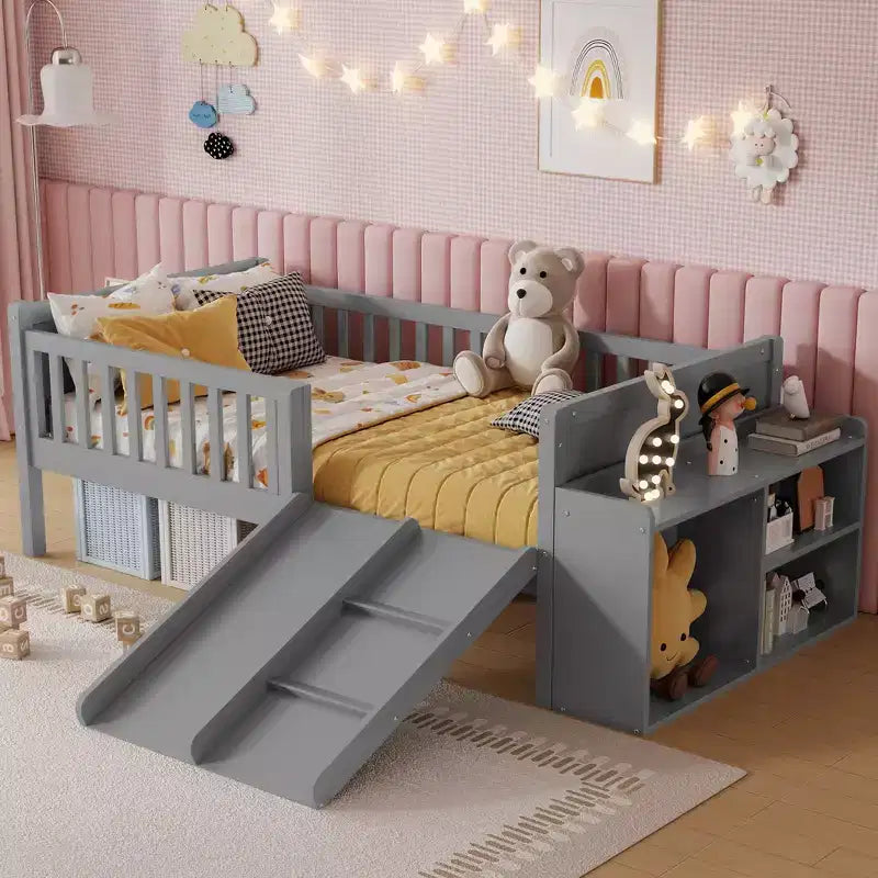 Letto a soppalco basso per ragazzi con scivolo e libreria – Grigio/Bianco, per 1 bambino
