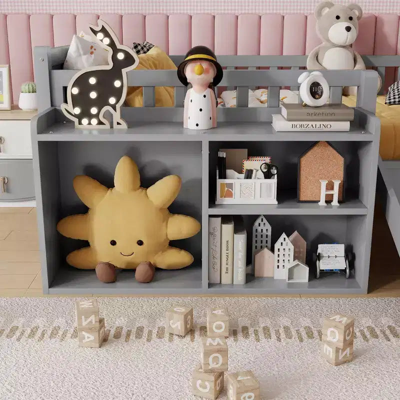 Letto a soppalco basso per ragazzi con scivolo e libreria – Grigio/Bianco, per 1 bambino