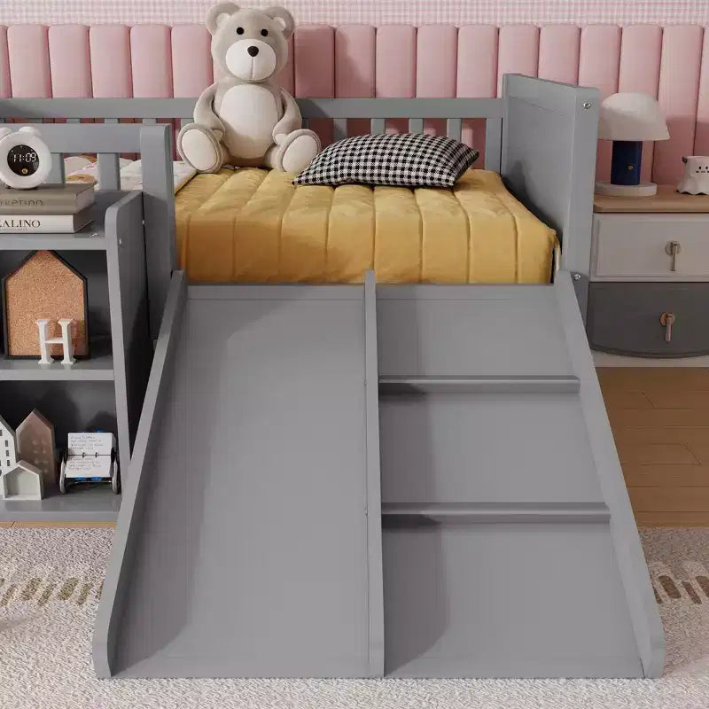 Letto a soppalco basso per ragazzi con scivolo e libreria – Grigio/Bianco, per 1 bambino