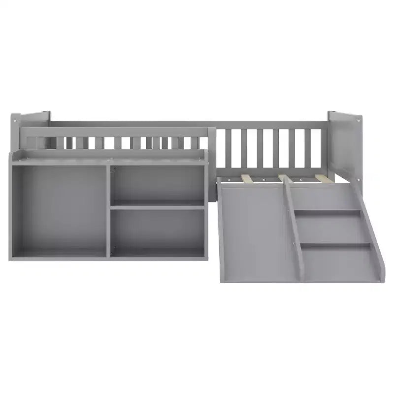 Letto a soppalco basso per ragazzi con scivolo e libreria – Grigio/Bianco, per 1 bambino