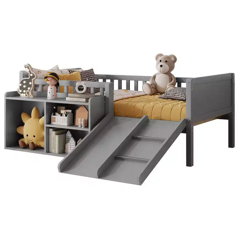 Letto a soppalco basso per ragazzi con scivolo e libreria – Grigio/Bianco, per 1 bambino