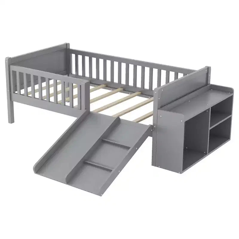 Letto a soppalco basso per ragazzi con scivolo e libreria – Grigio/Bianco, per 1 bambino