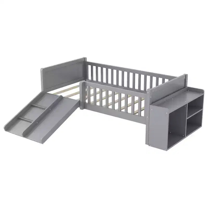 Letto a soppalco basso per ragazzi con scivolo e libreria – Grigio/Bianco, per 1 bambino